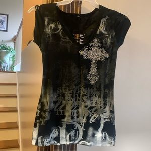 Ladies medium black T-shirt cross on front wings on back
